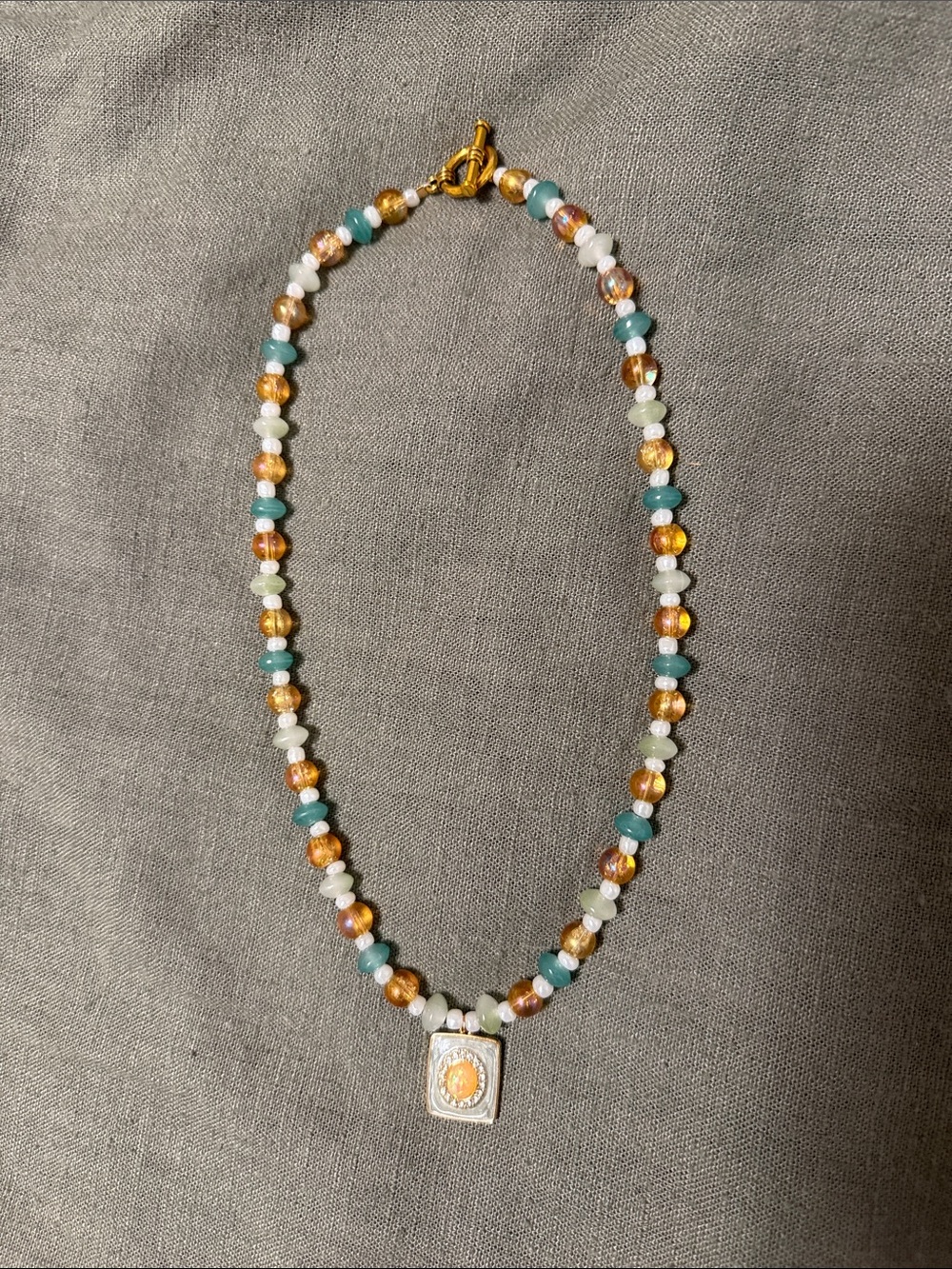 Gold & Aqua Beaded Pendant Necklace